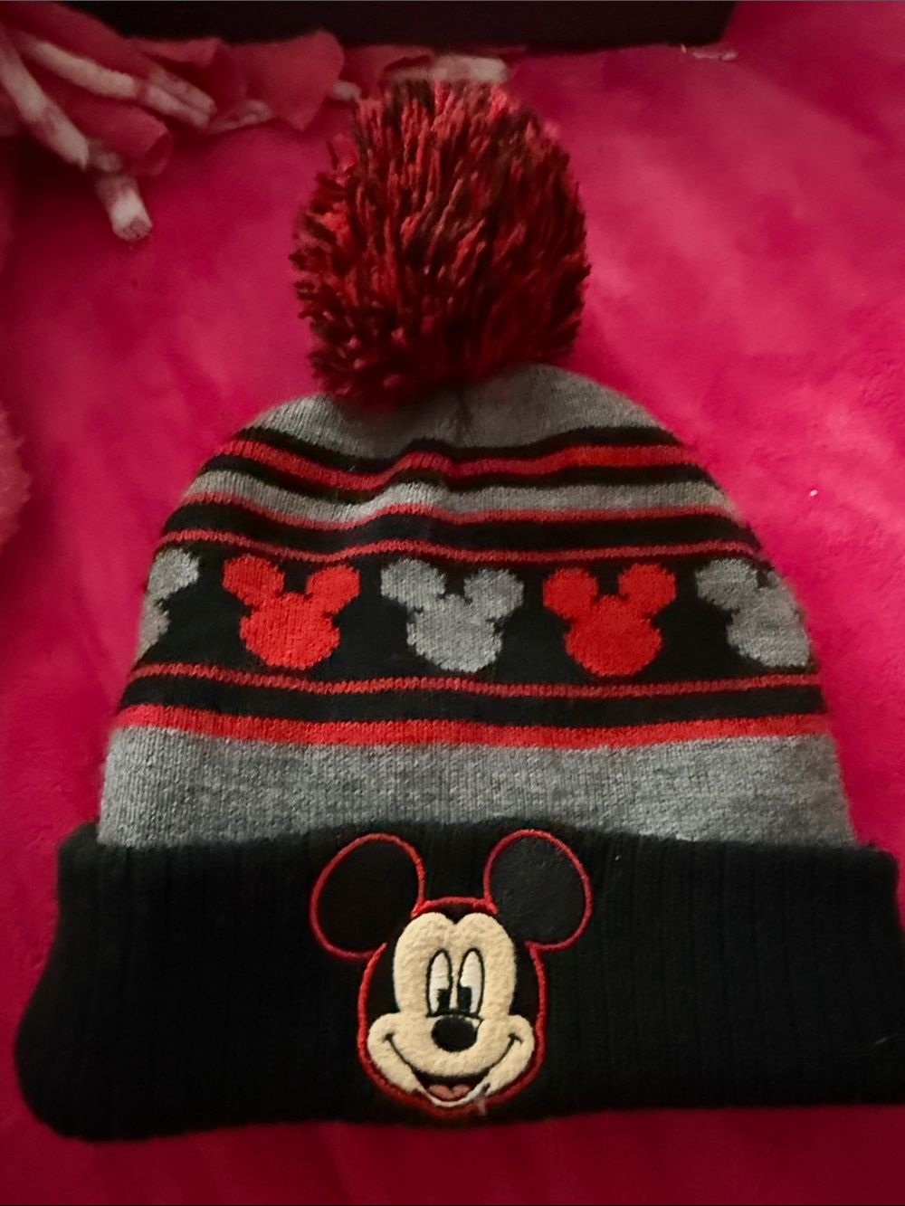 Disney Black, Gray & Red Mickey Mouse Pom Pom Beanie